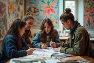 Étudiants en art travaillant sur des projets de design graphique