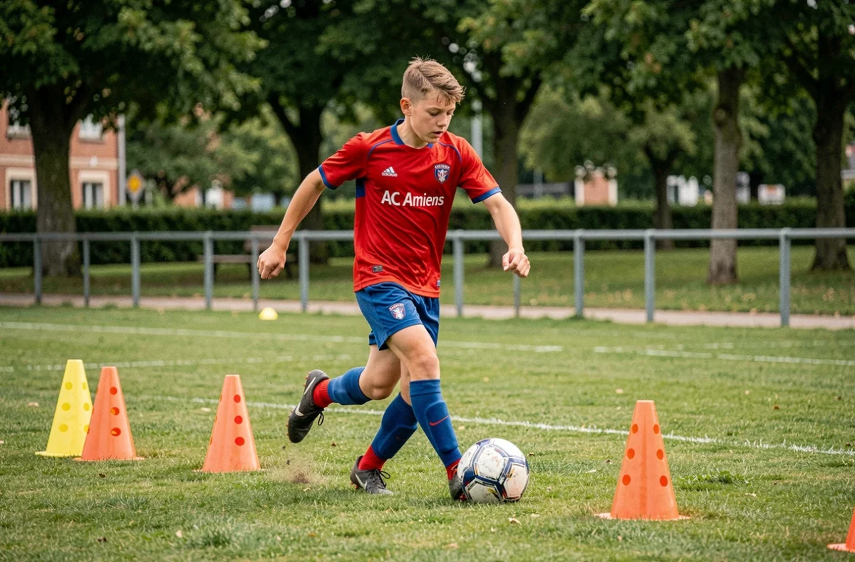 Jeune joueur de l'AC Amiens en exercice de dribble avec des cônes sur un terrain municipal