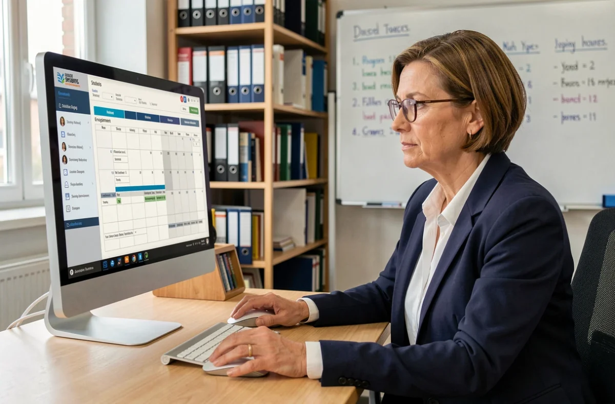 Administratrice scolaire configurant le logiciel Easy Scol sur un ordinateur de bureau dans un bureau d'école