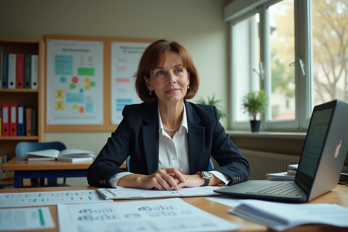 Administratrice de lycée examinant des statistiques d'inscription scolaire dans un bureau institutionnel français