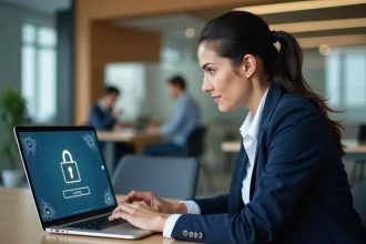 Administratrice scolaire consultant une interface sécurisée sur un ordinateur portable dans un bureau académique moderne, illustrant la protection des données sur Edu Normandie