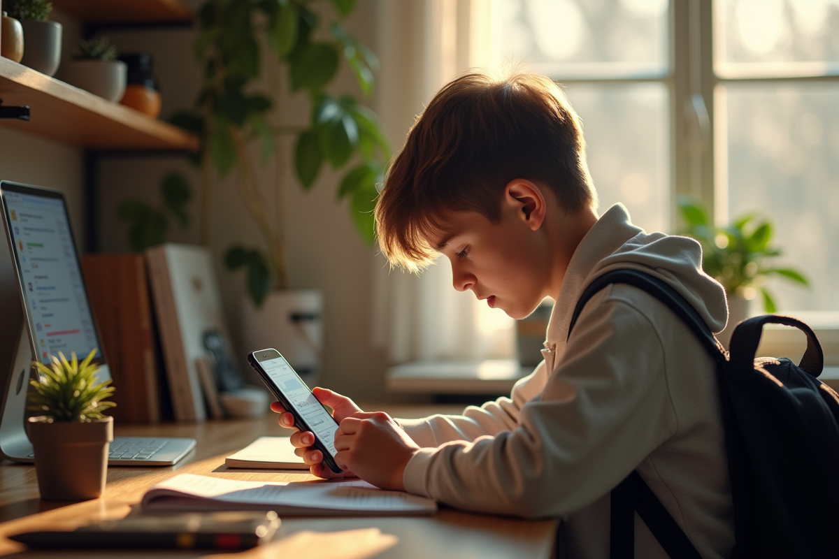 Adolescent consultant son emploi du temps sur téléphone