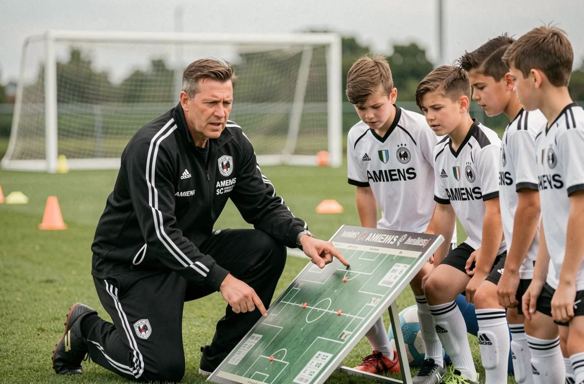 Entraîneur de l'Amiens SC en session de formation tactique avec de jeunes joueurs sur le terrain