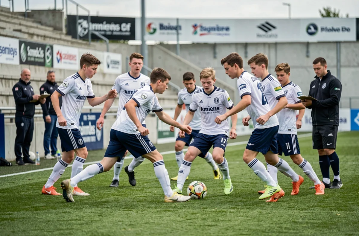 Joueurs de la section U17 Nationale de l'Amiens SC lors d'un exercice de passes à l'entraînement