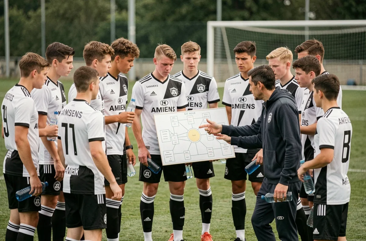 Séance d'analyse tactique des joueurs de la section U19 Nationale de l'Amiens SC avec leur entraîneur