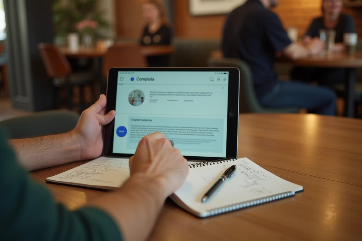 Tablette affichant l'interface de l'application Comptalia posée sur une table avec un cahier de notes