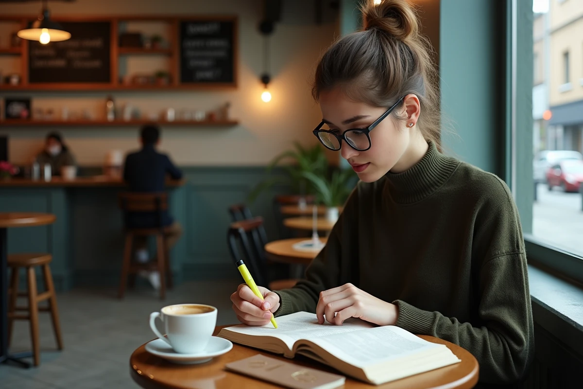 Jeune adulte autodidacte lisant et annotant un livre dans un café urbain avec un carnet de suivi d'habitudes ouvert sur la table