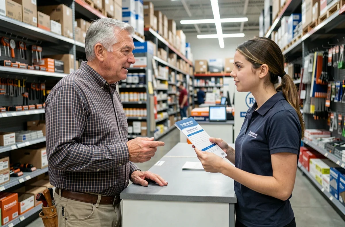 Artisan en quête de financement pour une certification bricolage discutant avec un conseiller en magasin de bricolage