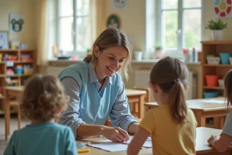 ATSEM en blouse bleue aidant des enfants dans une classe de maternelle municipale française