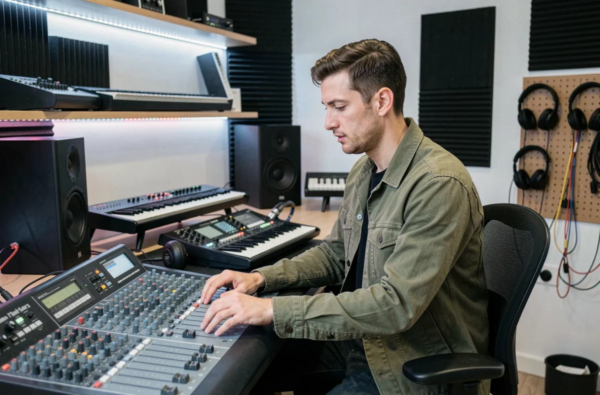 Professeur réglant une console de mixage dans le studio moderne d'ATZ Music à Toulouse