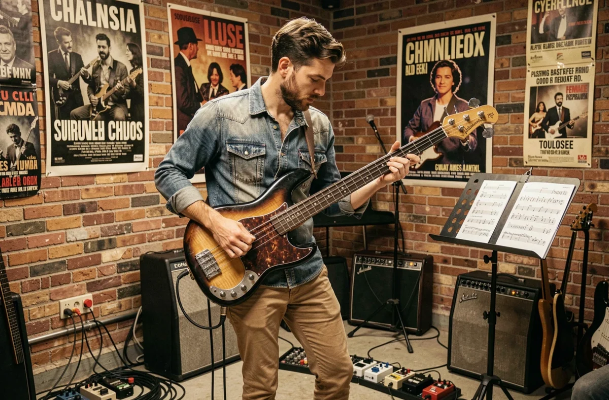 Bassiste en cours dans la salle de répétition de Bass n'groove à Toulouse