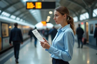Femme confuse comparant son billet de train imprimé aux horaires affichés dans une gare européenne moderne