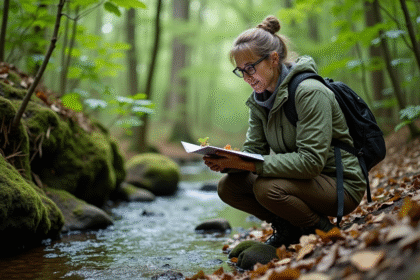 Biologuide femme en nature observant des plantes