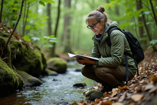 Biologuide femme en nature observant des plantes