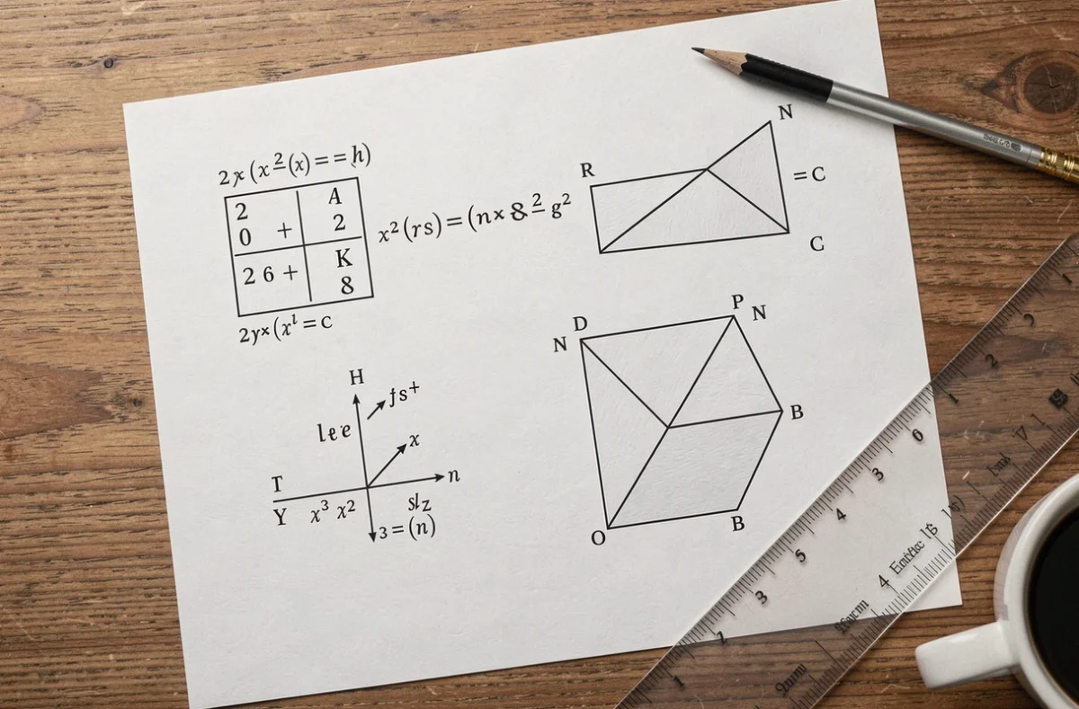 Vue en plongée d'un bureau avec des diagrammes géométriques imprimés illustrant l'inversion d'une matrice 2x2 et des vecteurs de transformation