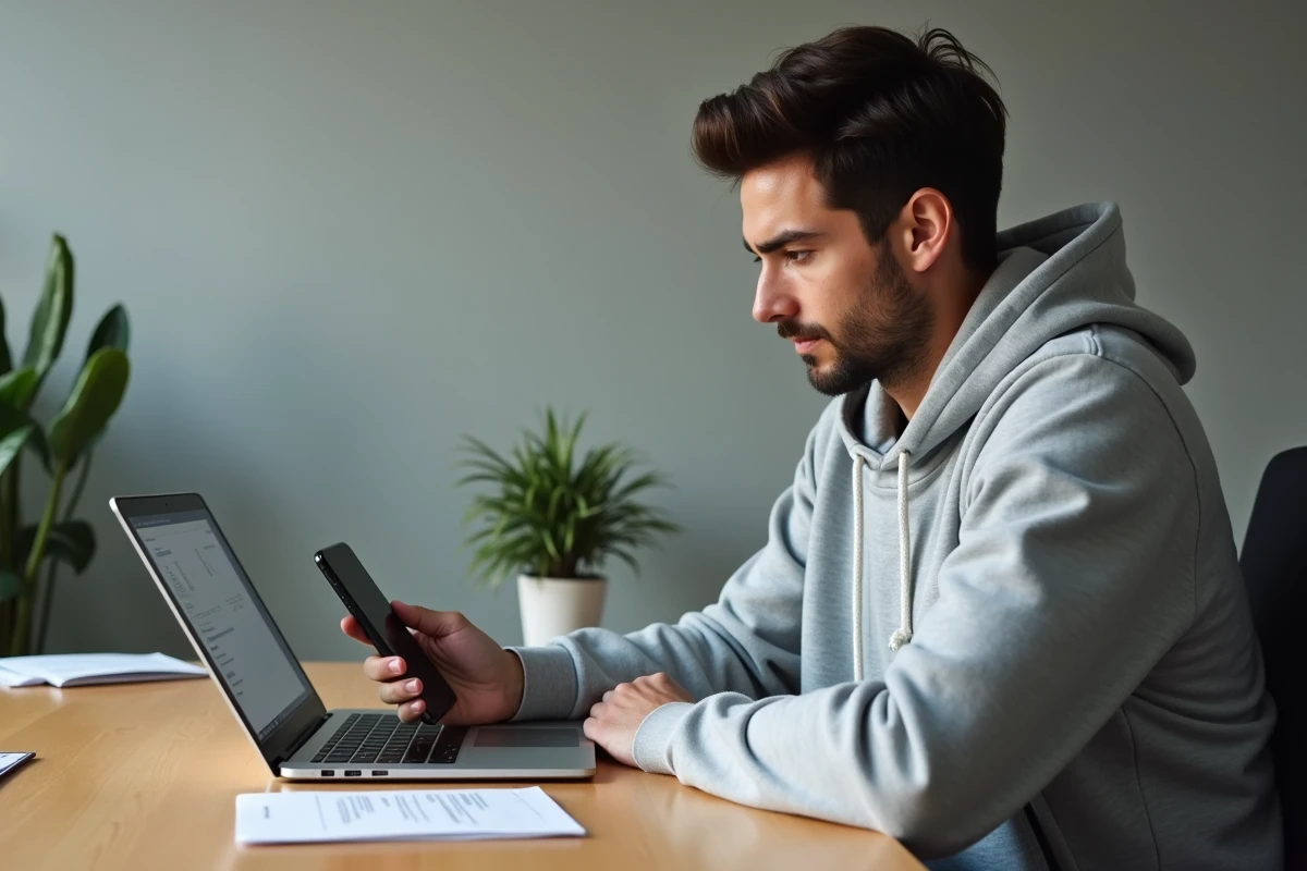 Personne à son bureau à domicile accédant à Cuyclade sur mobile et ordinateur simultanément