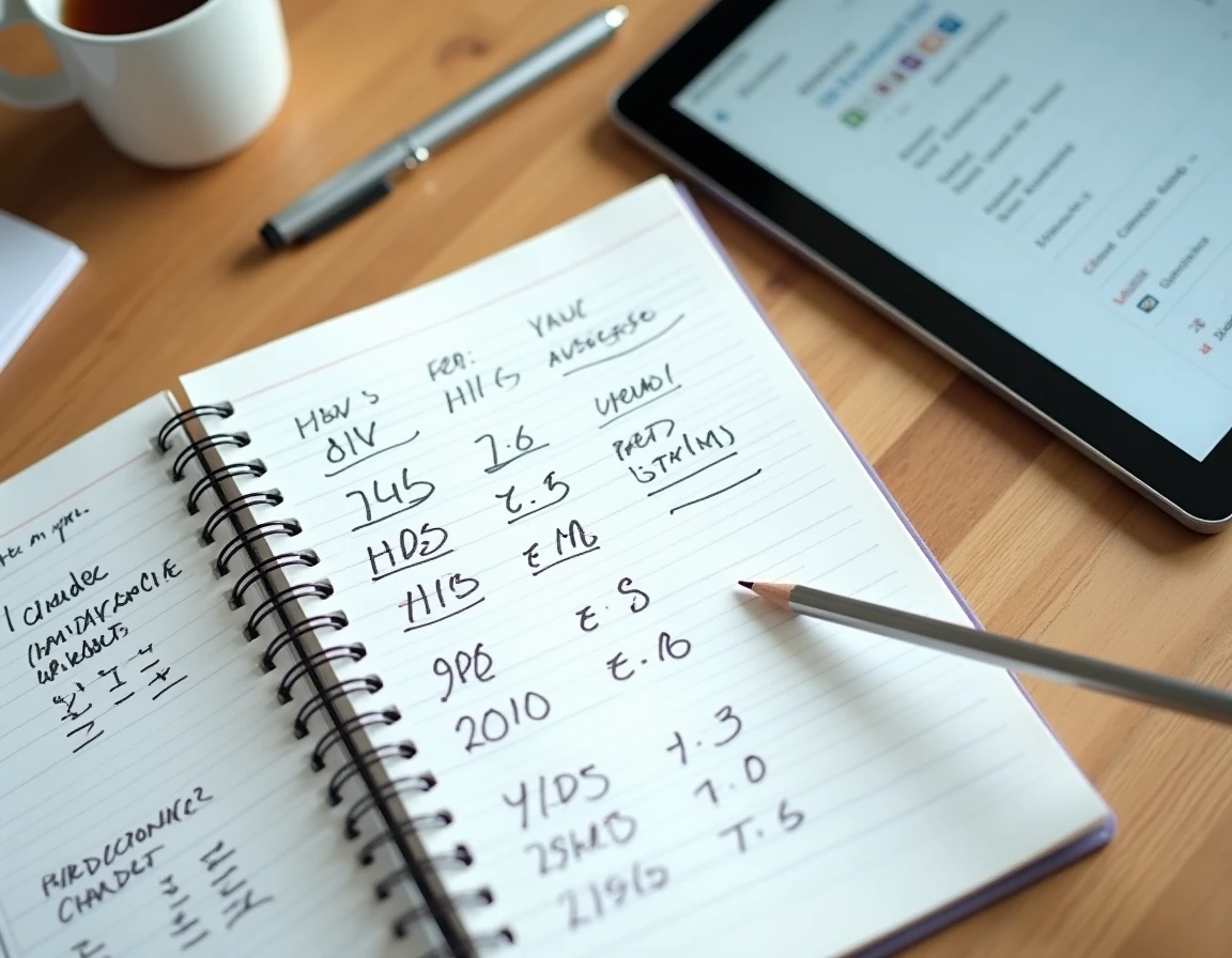 Vue aérienne d'un bureau étudiant avec cahier de calcul de moyenne, relevé de notes et calculateur avec coefficients sur tablette