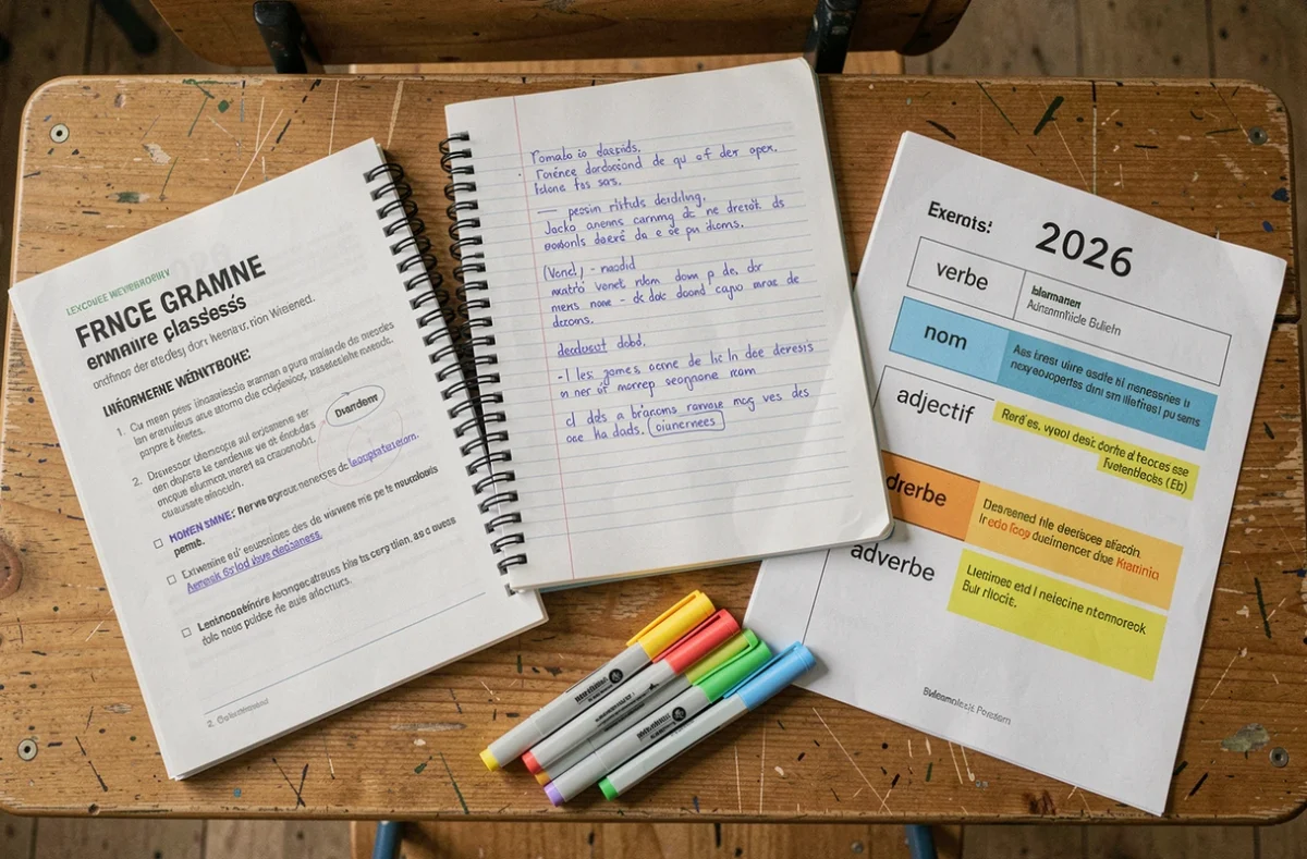 Vue aérienne d'un bureau scolaire avec des fiches et cahiers d'exercices sur les classes grammaticales 2026