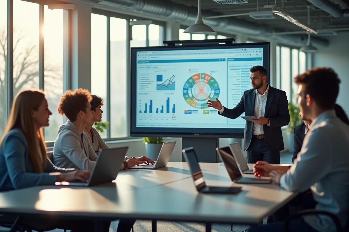 Groupe diversifié en réunion dans un bureau moderne