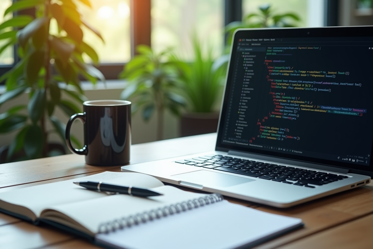 Espace de travail avec code R et ambiance lumineuse