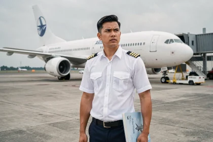Jeune cadet Air France en uniforme devant un avion commercial sur le tarmac d'un aéroport