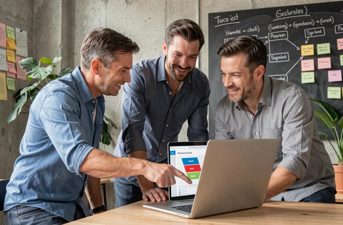 Trois cadres dirigeants échangeant autour d'un laptop pendant un atelier pratique de formation digitale dans un espace co-working parisien moderne