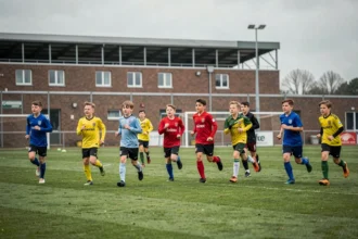 Jeunes footballeurs en formation courant sur un terrain d'entraînement dans la Somme