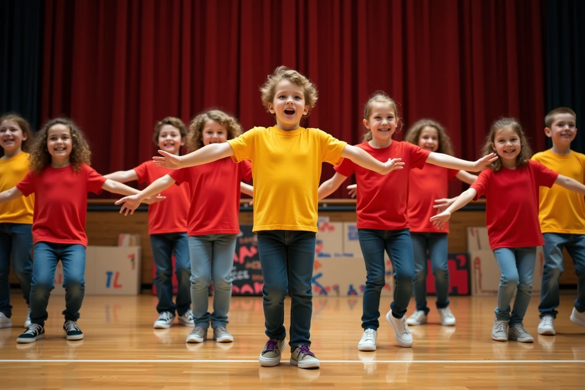 Groupe d'écoliers en t-shirts colorés réalisant une chorégraphie synchronisée sur scène lors d'un spectacle scolaire