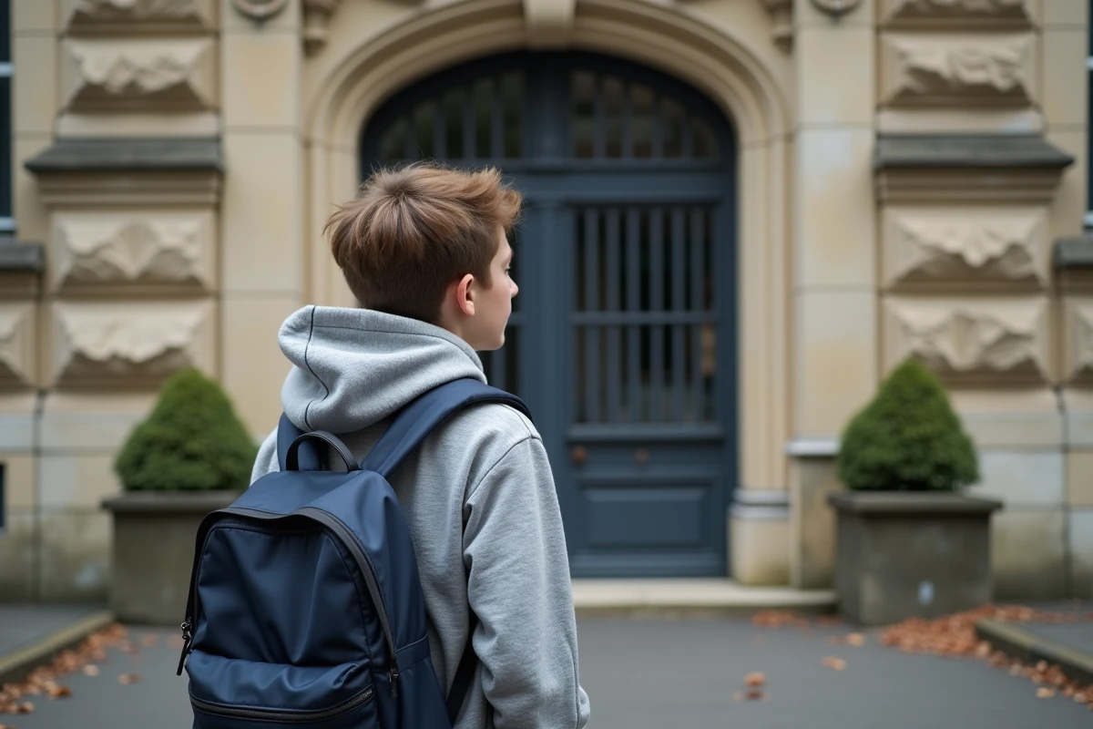 Collégien devant l'entrée d'un collège public français avec sac à dos