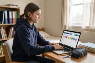 Collégienne utilisant l'ENT du Loir-et-Cher sur son ordinateur portable dans sa chambre