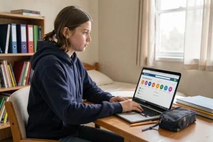 Collégienne utilisant l'ENT du Loir-et-Cher sur son ordinateur portable dans sa chambre