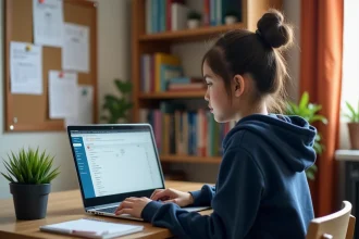 Collégienne organisée devant son ENT scolaire NÉO Yvelines sur un ordinateur portable dans sa chambre