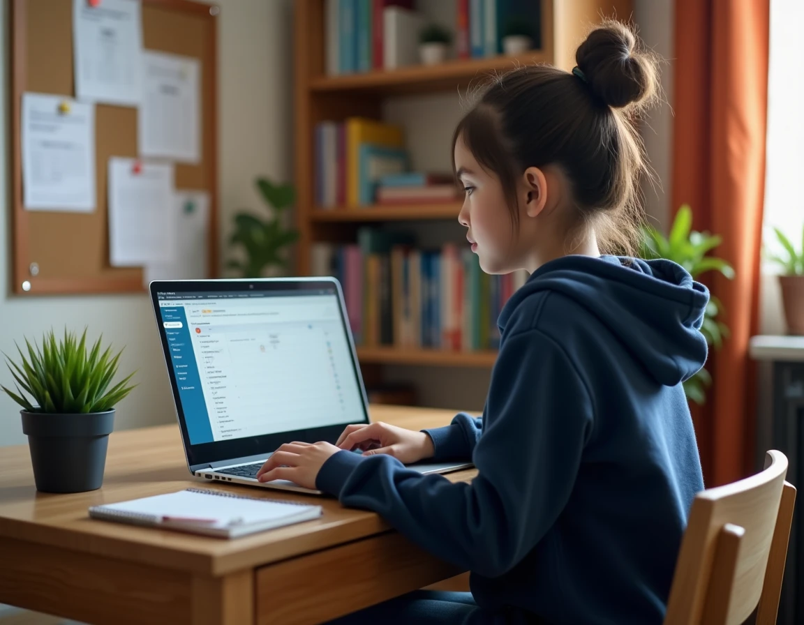 Collégienne organisée devant son ENT scolaire NÉO Yvelines sur un ordinateur portable dans sa chambre