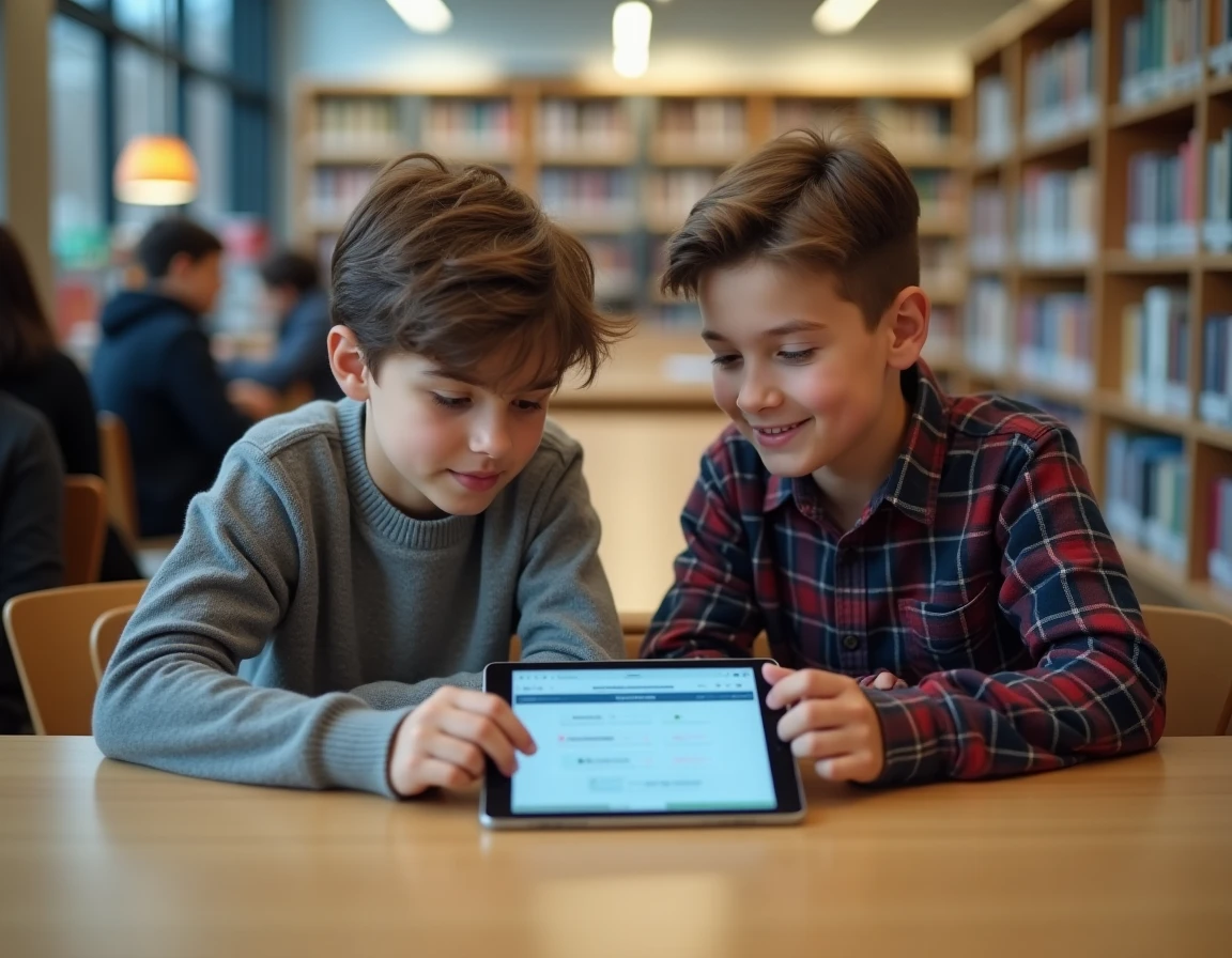 Deux collégiens consultant l'ENT NÉO Yvelines sur une tablette dans une bibliothèque scolaire