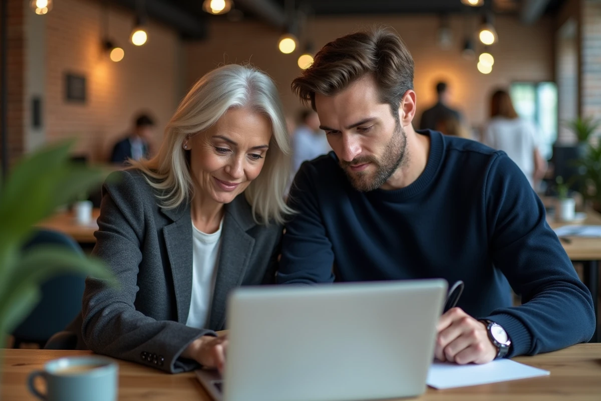 Deux collègues consultant un modèle de lettre de recommandation sur un ordinateur portable dans un espace de coworking
