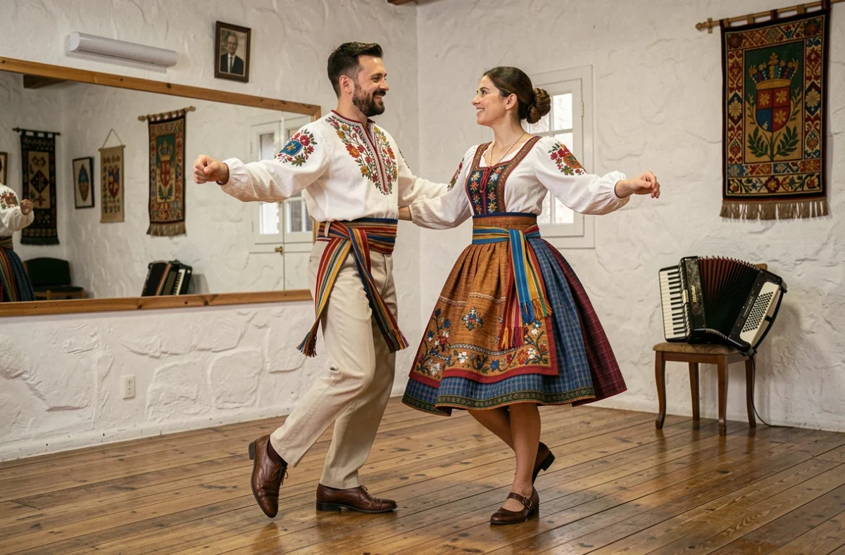Danseurs en costumes occitans répétant au COMDT Toulouse Occitanie
