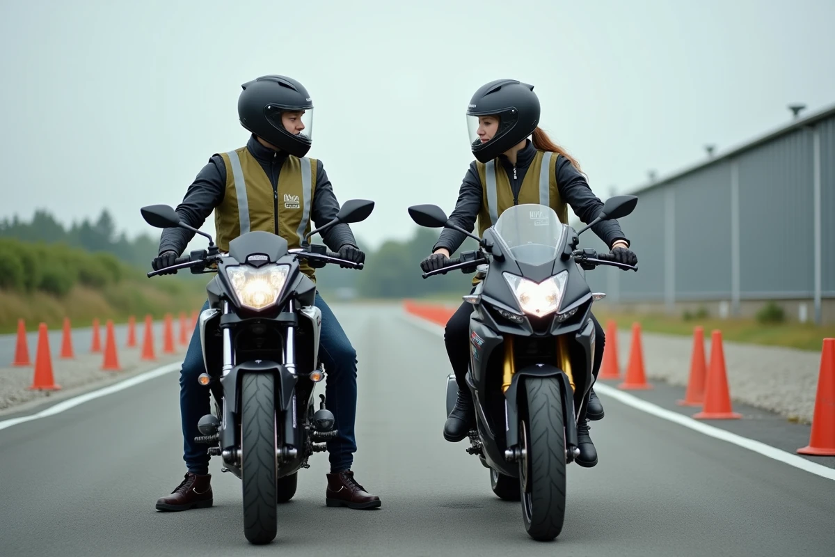 Deux apprenants en moto comparant un 125cc et une moto A2 sur un circuit de formation, choix entre permis A1 et permis B 125cm3
