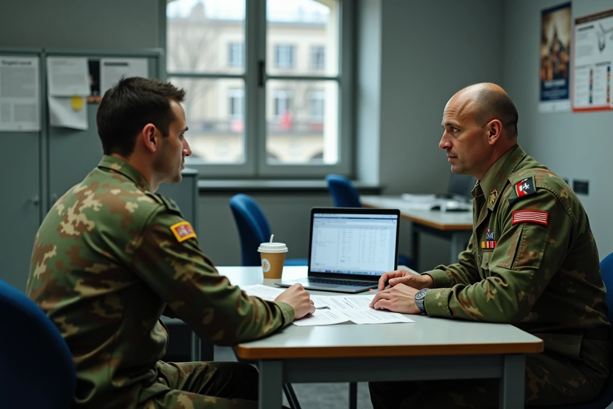Deux sous-officiers de l'armée de Terre comparant leur grille salariale dans un bureau militaire