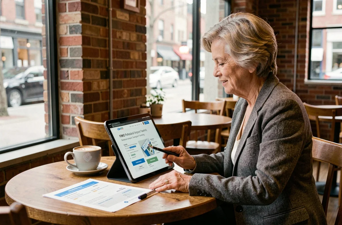 Femme comparant les prix d'une formation FIMO en ligne et en présentiel sur une tablette dans un café urbain avec un document imprimé