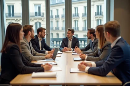 Groupe de professionnels en conférence autour d'une table à Paris lors d'une formation digitale en présentiel