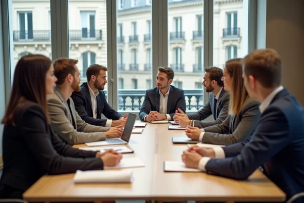 Groupe de professionnels en conférence autour d'une table à Paris lors d'une formation digitale en présentiel