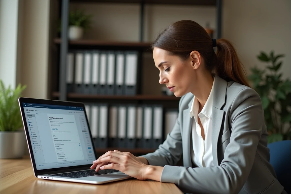 Femme configurant son compte messagerie académique Toutatice sur Outlook depuis un bureau à domicile