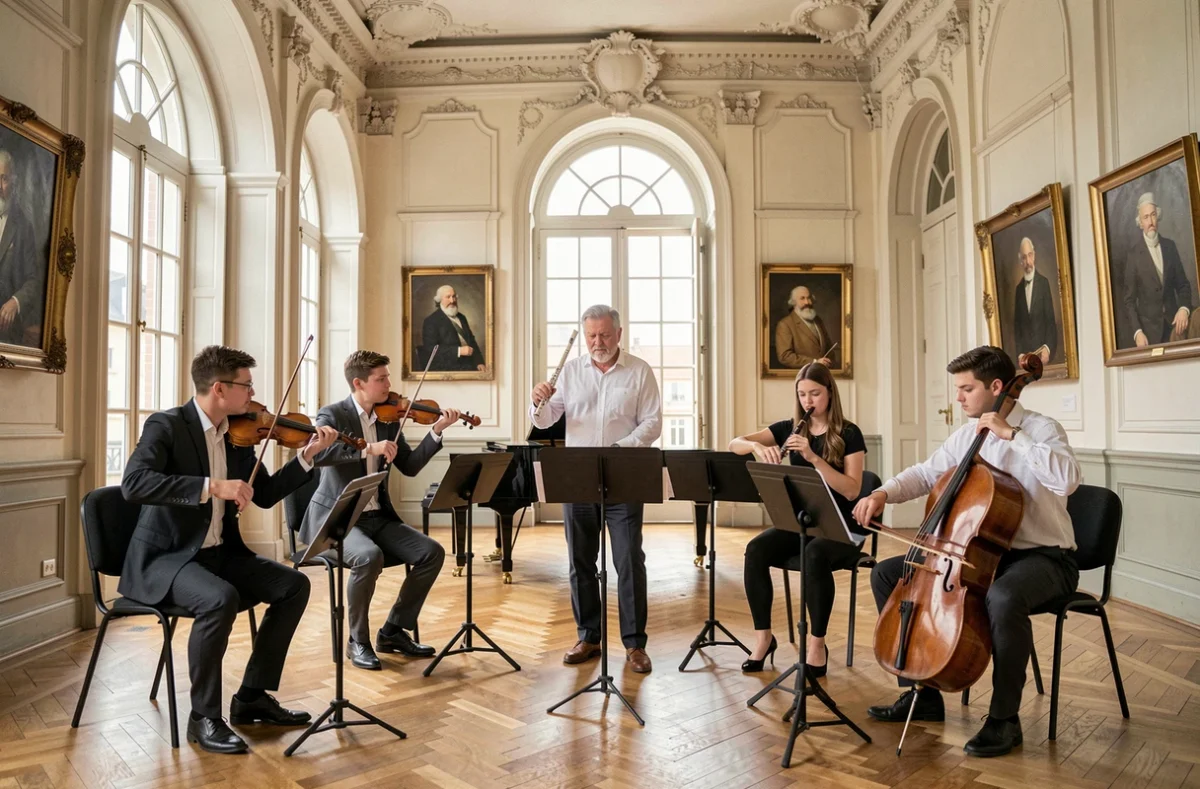 Chef d'ensemble dirigeant des musiciens dans la grande salle du Conservatoire à rayonnement régional de Toulouse