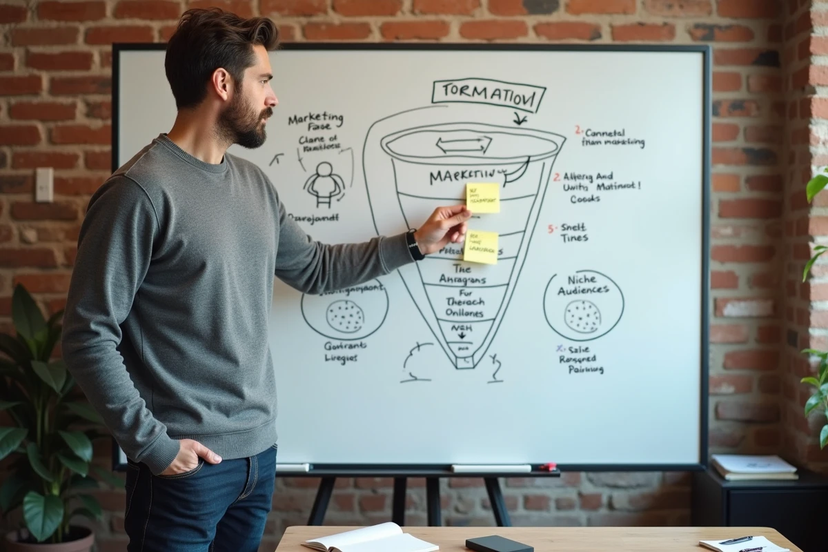 Consultant en formation marketing présentant une stratégie de niche sur un tableau blanc dans une agence créative