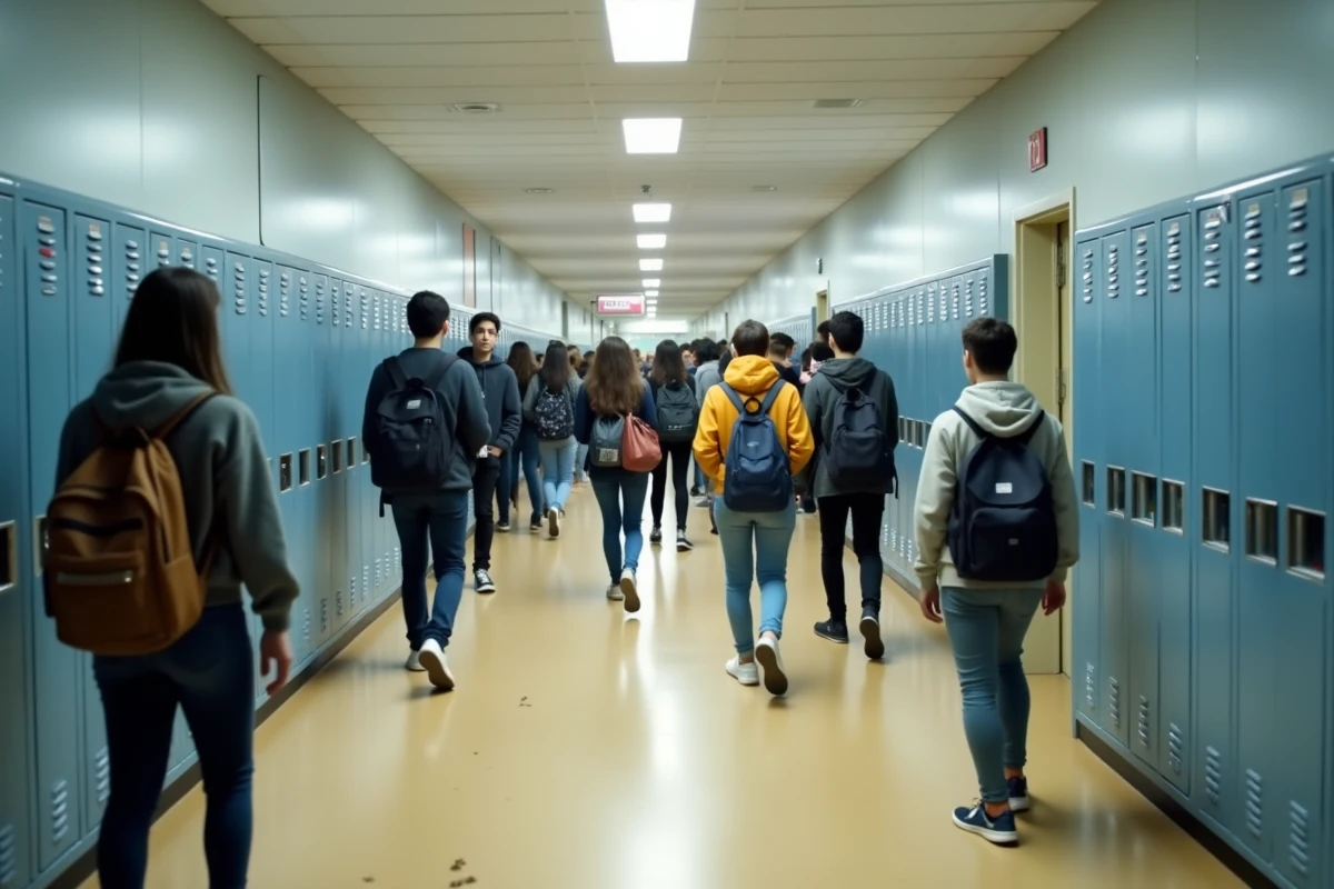 Couloir intérieur d'un grand lycée français bondé d'élèves entre deux cours avec des casiers alignés