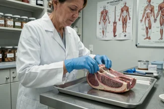 Anatomiste réalisant une coupe longitudinale d'un organe préservé sur une table de dissection en laboratoire universitaire