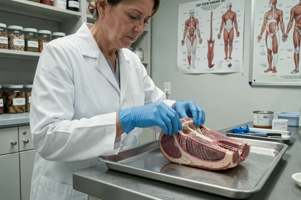 Anatomiste réalisant une coupe longitudinale d'un organe préservé sur une table de dissection en laboratoire universitaire