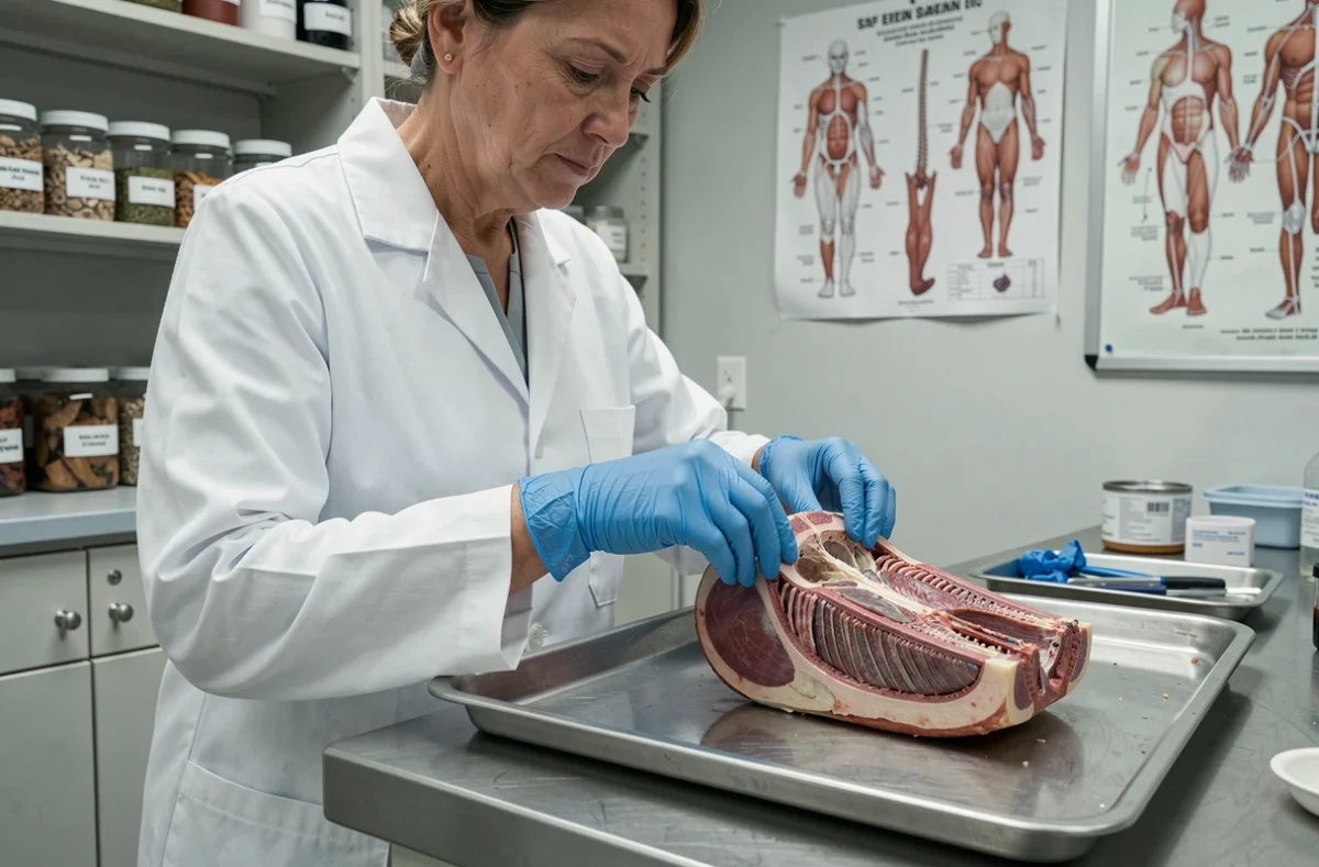Anatomiste réalisant une coupe longitudinale d'un organe préservé sur une table de dissection en laboratoire universitaire