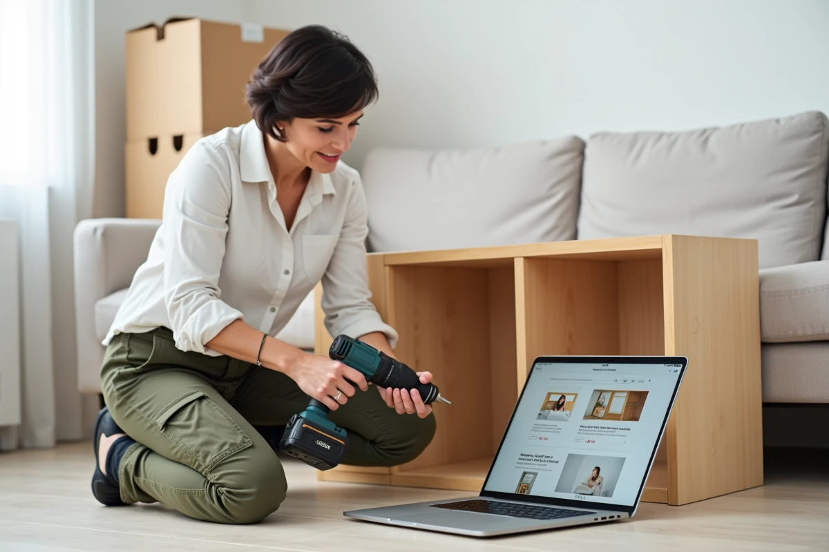 Femme assemblant une étagère en bois avec une perceuse sans fil en suivant un tutoriel bricolage en ligne sur un ordinateur portable