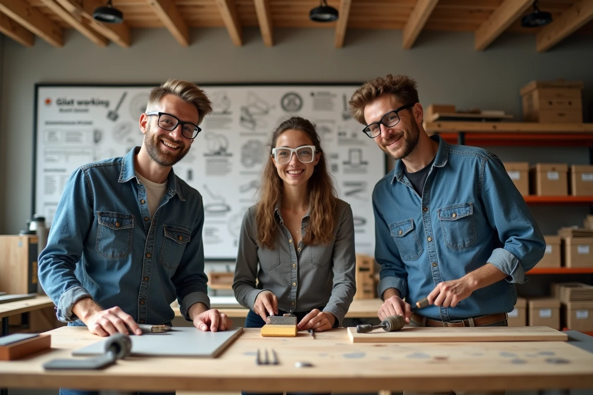 Groupe d'adultes en atelier de bricolage participatif devant un poster pédagogique mural dans une salle de formation équipée